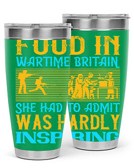 Food in Wartime Britain tumbler showcasing double wall vacuum stainless steel design with copper lining and drink-thru lid.