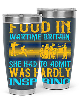 Food in Wartime Britain tumbler showcasing double wall vacuum stainless steel design with copper lining and drink-thru lid.