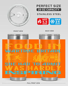 Food in Wartime Britain tumbler showcasing double wall vacuum stainless steel design with copper lining and drink-thru lid.