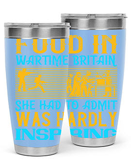 Food in Wartime Britain tumbler showcasing double wall vacuum stainless steel design with copper lining and drink-thru lid.