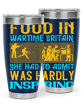 Food in Wartime Britain tumbler showcasing double wall vacuum stainless steel design with copper lining and drink-thru lid.
