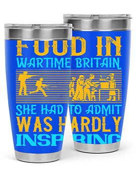 Food in Wartime Britain tumbler showcasing double wall vacuum stainless steel design with copper lining and drink-thru lid.