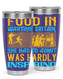 Food in Wartime Britain tumbler showcasing double wall vacuum stainless steel design with copper lining and drink-thru lid.