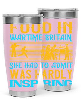 Food in Wartime Britain tumbler showcasing double wall vacuum stainless steel design with copper lining and drink-thru lid.