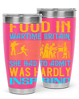 Food in Wartime Britain tumbler showcasing double wall vacuum stainless steel design with copper lining and drink-thru lid.