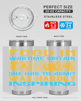 Food in Wartime Britain tumbler showcasing double wall vacuum stainless steel design with copper lining and drink-thru lid.