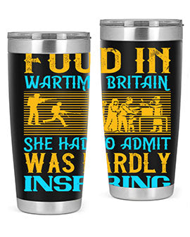 Food in Wartime Britain tumbler showcasing double wall vacuum stainless steel design with copper lining and drink-thru lid.