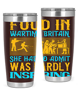 Food in Wartime Britain tumbler showcasing double wall vacuum stainless steel design with copper lining and drink-thru lid.