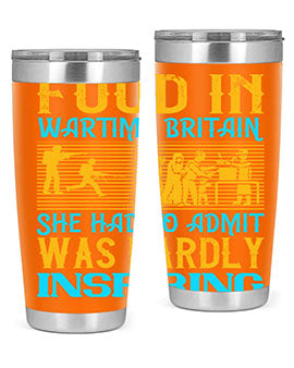 Food in Wartime Britain tumbler showcasing double wall vacuum stainless steel design with copper lining and drink-thru lid.