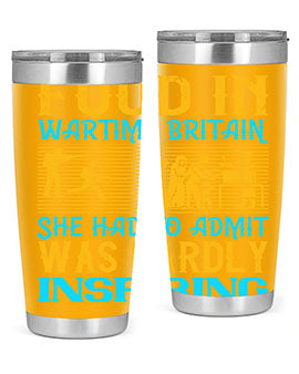 Food in Wartime Britain tumbler showcasing double wall vacuum stainless steel design with copper lining and drink-thru lid.