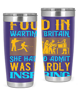 Food in Wartime Britain tumbler showcasing double wall vacuum stainless steel design with copper lining and drink-thru lid.