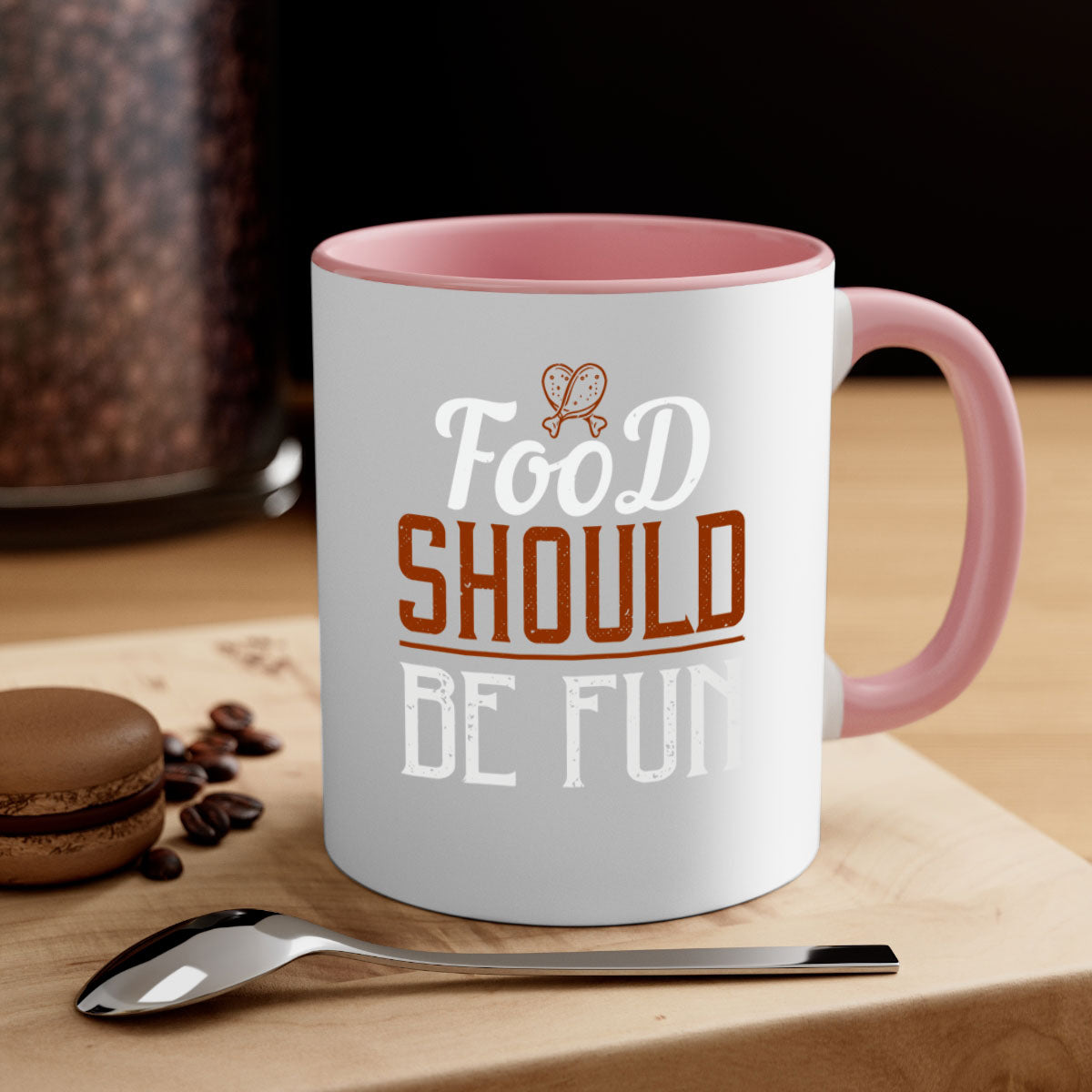 Food Should Be Fun 38# Mug with colorful handle and glossy finish, available in multiple colors and sizes.