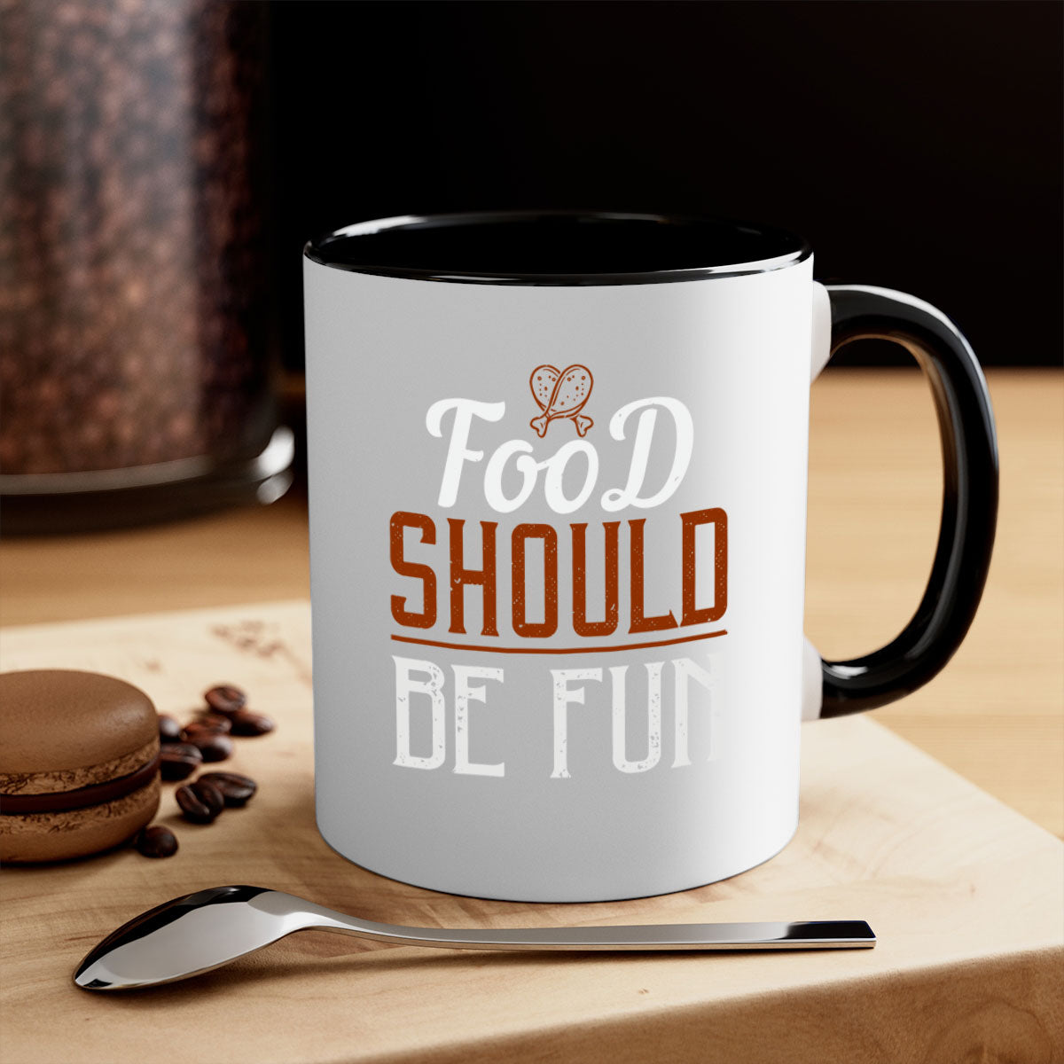 Food Should Be Fun 38# Mug with colorful handle and glossy finish, available in multiple colors and sizes.
