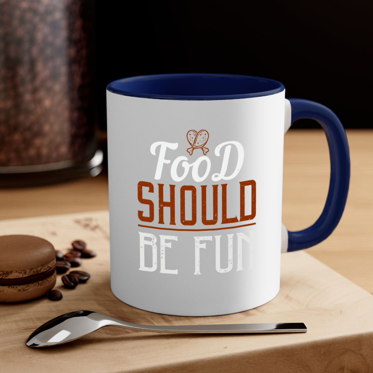 Food Should Be Fun 38# Mug with colorful handle and glossy finish, available in multiple colors and sizes.