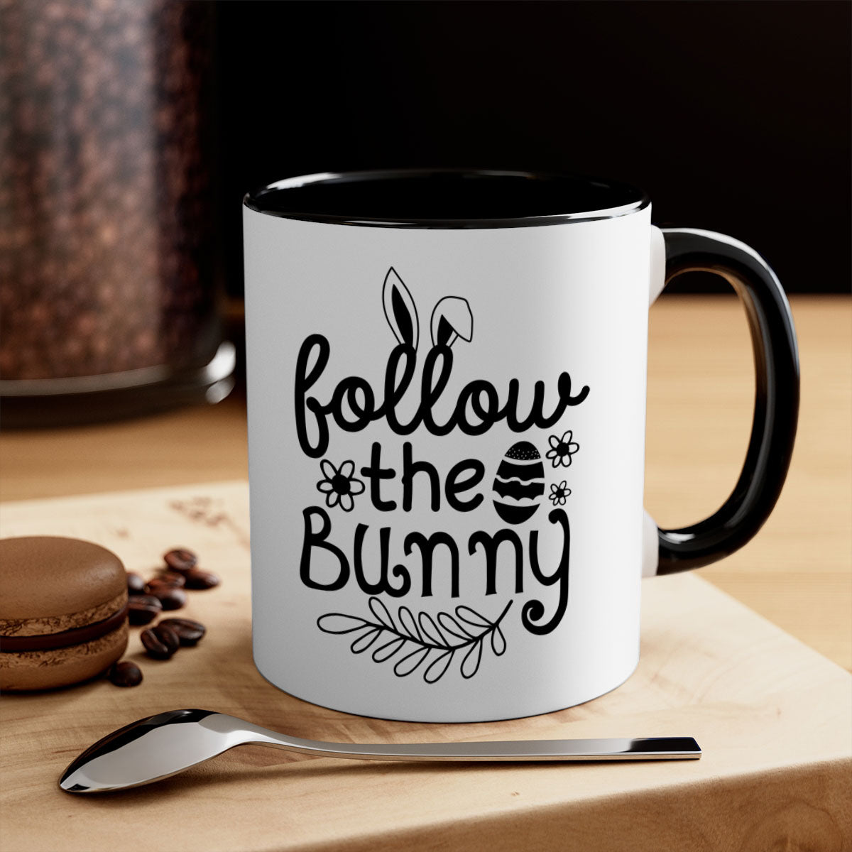 Follow the Bunny 142# Mug featuring a two-tone design with a colored handle and glossy finish, available in multiple colors.