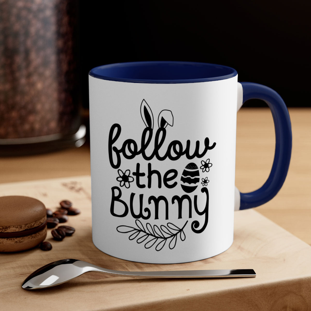 Follow the Bunny 142# Mug featuring a two-tone design with a colored handle and glossy finish, available in multiple colors.