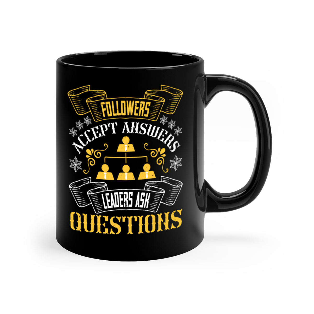 Two-tone ceramic mug with colored handle and interior, featuring the phrase 'Followers accept answers Leaders ask questions' in stylish font.