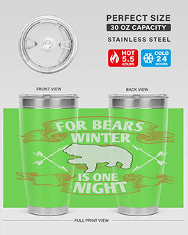 For Bears, Winter is One Night 53# Tumbler in stainless steel with a drink-thru lid, showcasing its sleek design and insulation features.