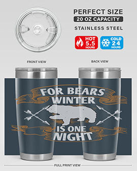 For Bears, Winter is One Night 53# Tumbler in stainless steel with a drink-thru lid, showcasing its sleek design and insulation features.