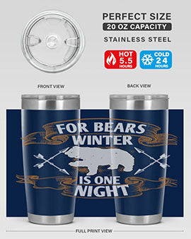 For Bears, Winter is One Night 53# Tumbler in stainless steel with a drink-thru lid, showcasing its sleek design and insulation features.