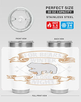 For Bears, Winter is One Night 53# Tumbler in stainless steel with a drink-thru lid, showcasing its sleek design and insulation features.