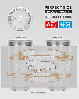 For Bears, Winter is One Night 53# Tumbler in stainless steel with a drink-thru lid, showcasing its sleek design and insulation features.