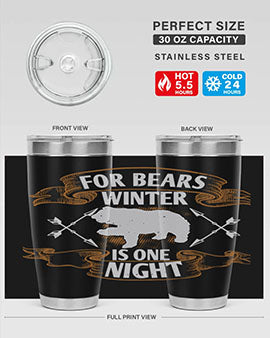 For Bears, Winter is One Night 53# Tumbler in stainless steel with a drink-thru lid, showcasing its sleek design and insulation features.