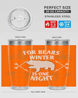 For Bears, Winter is One Night 53# Tumbler in stainless steel with a drink-thru lid, showcasing its sleek design and insulation features.