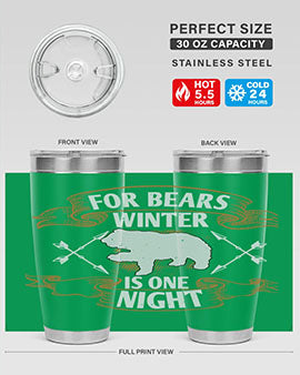 For Bears, Winter is One Night 53# Tumbler in stainless steel with a drink-thru lid, showcasing its sleek design and insulation features.