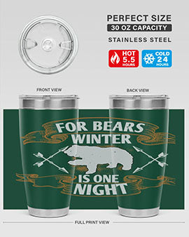 For Bears, Winter is One Night 53# Tumbler in stainless steel with a drink-thru lid, showcasing its sleek design and insulation features.