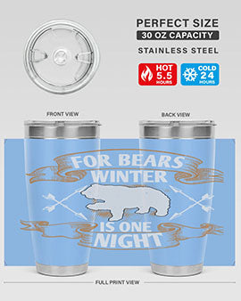 For Bears, Winter is One Night 53# Tumbler in stainless steel with a drink-thru lid, showcasing its sleek design and insulation features.