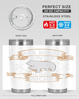 For Bears, Winter is One Night 53# Tumbler in stainless steel with a drink-thru lid, showcasing its sleek design and insulation features.