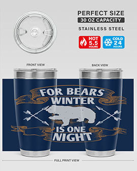 For Bears, Winter is One Night 53# Tumbler in stainless steel with a drink-thru lid, showcasing its sleek design and insulation features.