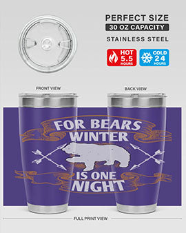 For Bears, Winter is One Night 53# Tumbler in stainless steel with a drink-thru lid, showcasing its sleek design and insulation features.