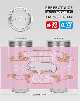 For Bears, Winter is One Night 53# Tumbler in stainless steel with a drink-thru lid, showcasing its sleek design and insulation features.