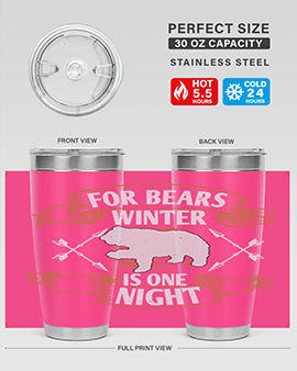 For Bears, Winter is One Night 53# Tumbler in stainless steel with a drink-thru lid, showcasing its sleek design and insulation features.
