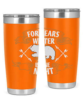 For Bears, Winter is One Night 53# Tumbler in stainless steel with a drink-thru lid, showcasing its sleek design and insulation features.