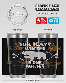 For Bears, Winter is One Night 53# Tumbler in stainless steel with a drink-thru lid, showcasing its sleek design and insulation features.