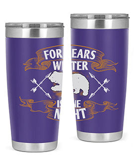 For Bears, Winter is One Night 53# Tumbler in stainless steel with a drink-thru lid, showcasing its sleek design and insulation features.