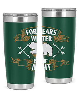 For Bears, Winter is One Night 53# Tumbler in stainless steel with a drink-thru lid, showcasing its sleek design and insulation features.