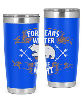 For Bears, Winter is One Night 53# Tumbler in stainless steel with a drink-thru lid, showcasing its sleek design and insulation features.
