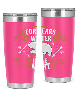 For Bears, Winter is One Night 53# Tumbler in stainless steel with a drink-thru lid, showcasing its sleek design and insulation features.