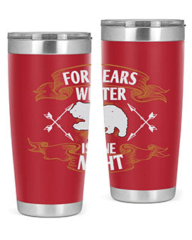 For Bears, Winter is One Night 53# Tumbler in stainless steel with a drink-thru lid, showcasing its sleek design and insulation features.