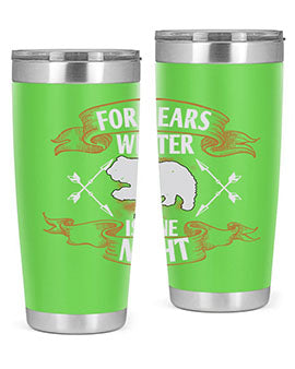 For Bears, Winter is One Night 53# Tumbler in stainless steel with a drink-thru lid, showcasing its sleek design and insulation features.