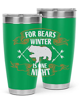 For Bears, Winter is One Night 53# Tumbler in stainless steel with a drink-thru lid, showcasing its sleek design and insulation features.