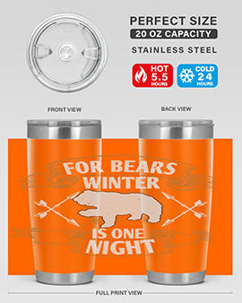For Bears, Winter is One Night 53# Tumbler in stainless steel with a drink-thru lid, showcasing its sleek design and insulation features.