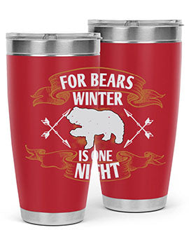For Bears, Winter is One Night 53# Tumbler in stainless steel with a drink-thru lid, showcasing its sleek design and insulation features.