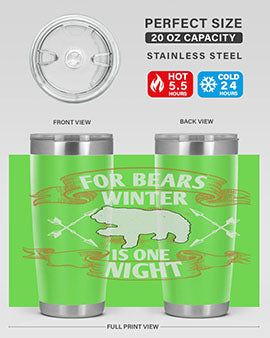 For Bears, Winter is One Night 53# Tumbler in stainless steel with a drink-thru lid, showcasing its sleek design and insulation features.
