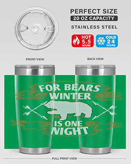 For Bears, Winter is One Night 53# Tumbler in stainless steel with a drink-thru lid, showcasing its sleek design and insulation features.