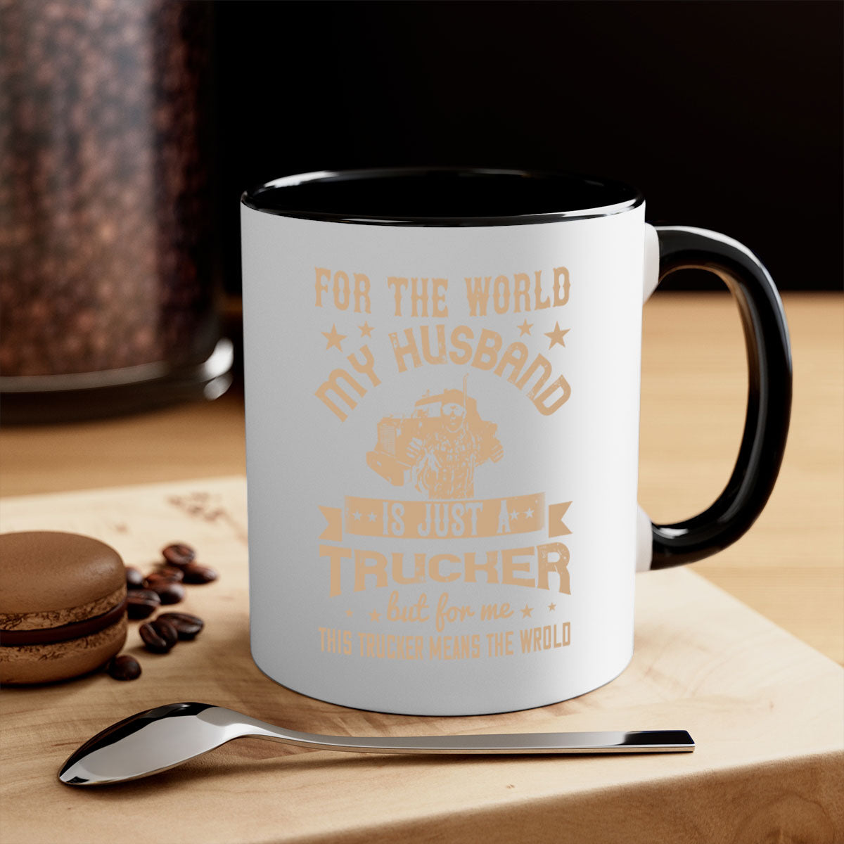 Two-tone ceramic mug with colored handle and interior, featuring the phrase 'For the World My Husband Is', available in multiple colors.